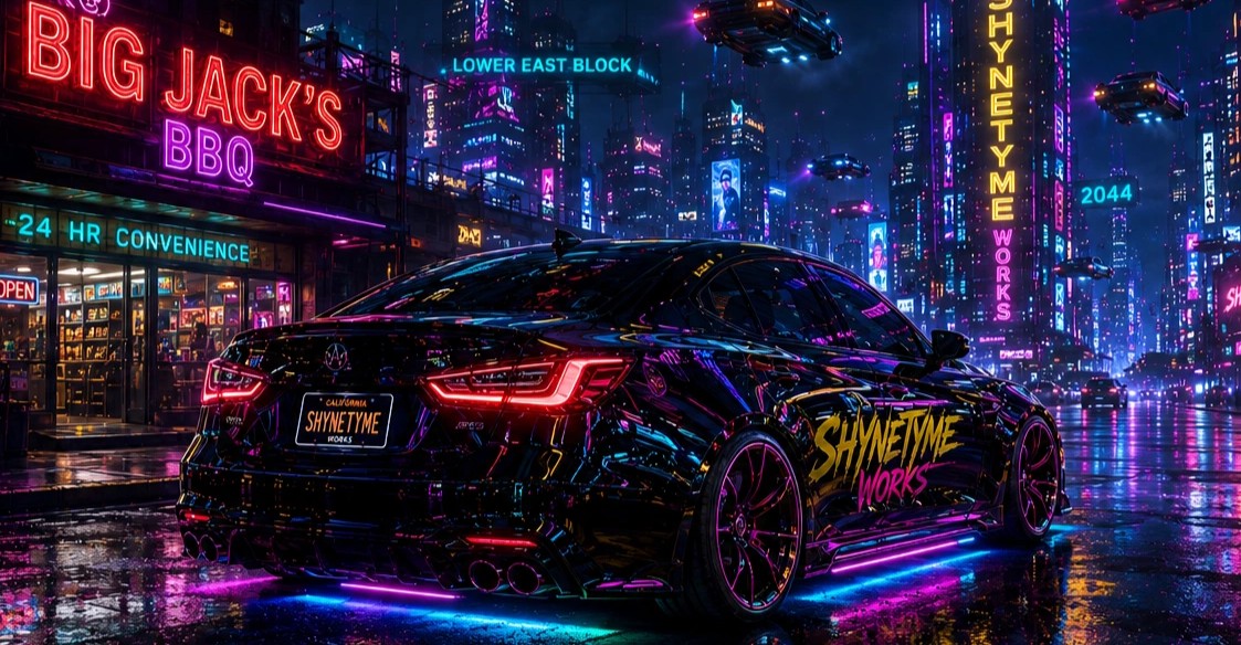 ShyneTyme cyberpunk sedan rear three-quarter view