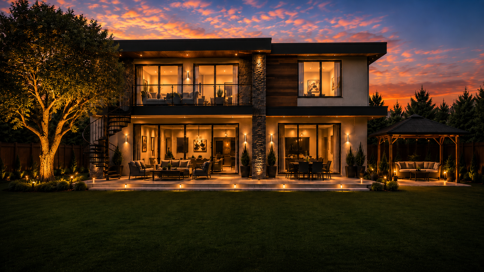 Modern home LED backyard view